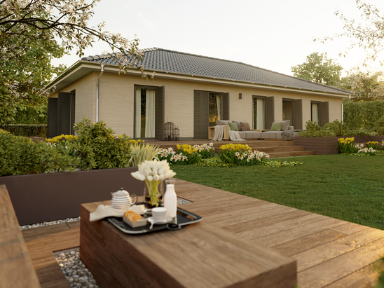 Die fünfte Variante des Bungalow 131 bietet ein großzügiges Wohlfühlbad, eine integrierte Ankleide im Schlafzimmer und eine minimalistische Planung, die bewusst auf ein Gäste-WC verzichtet.